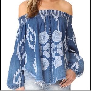 One Teaspoon Denim St. Lucia Sugar Top in Blue & White Aztec Rose Pattern.  XS